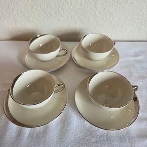 Pickard China Crescent Tea Cups and Saucers Set of 4 Ivory Platinum Trim USA